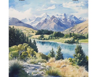 May include: A watercolor painting of a mountain range with snow-capped peaks reflected in a still lake. Lush green trees and foliage line the lake's edge, creating a serene and picturesque landscape.