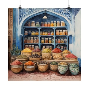 Moroccan Spice Shop, Marrakesh Wall Art, Morocco Wall Decor, Cityscape Travel Gift, Morocco Wall Art, North Africa Art, Travel Poster