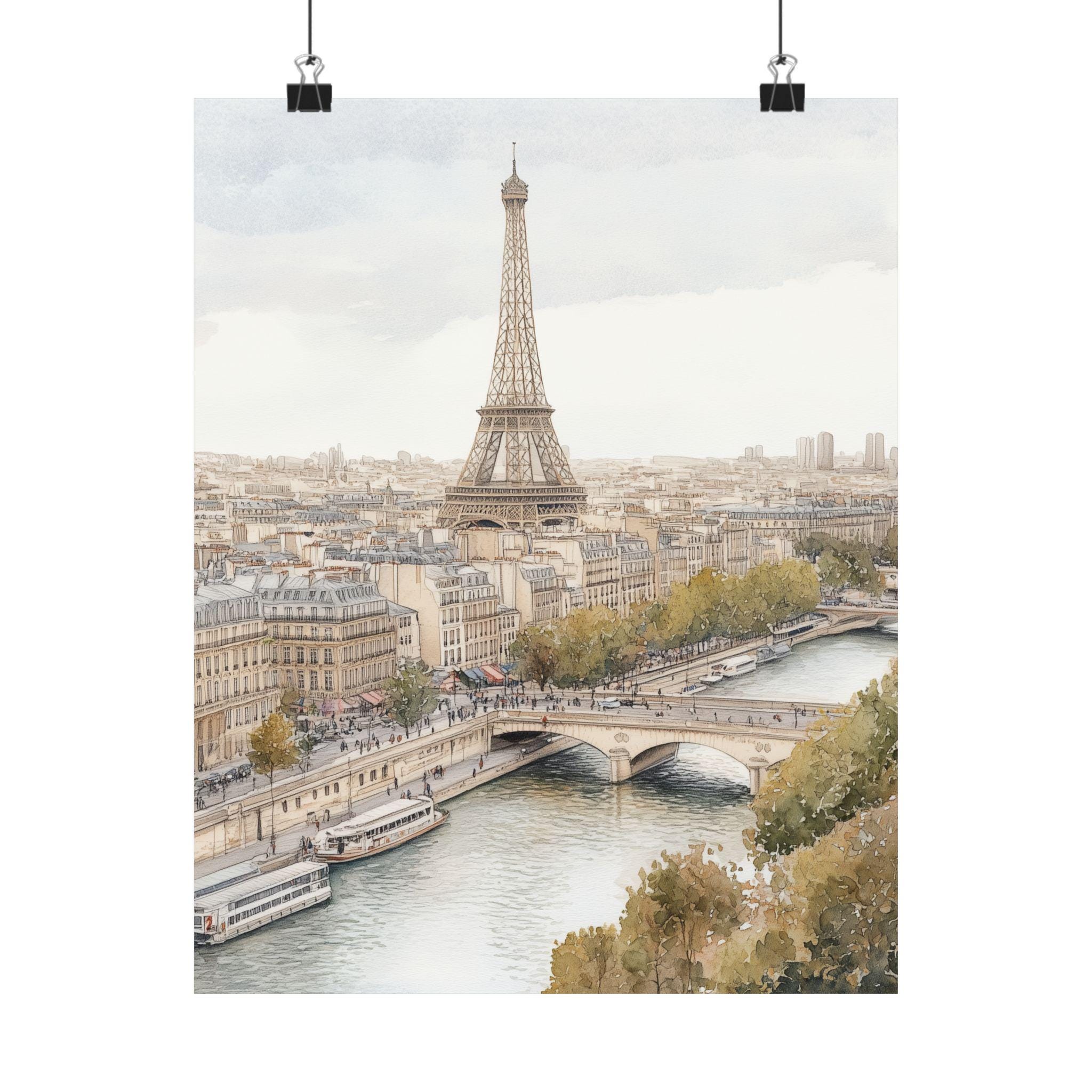 パリの水彩画プリント：エッフェル塔、セーヌ川、フランス旅行アート