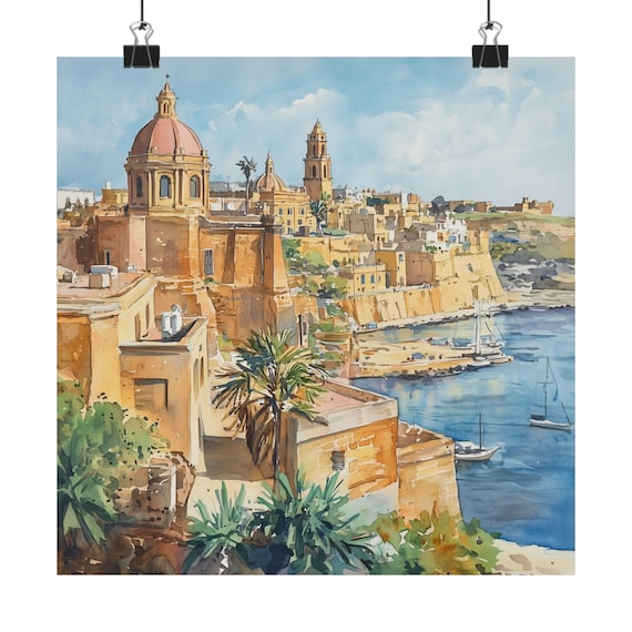 マルタの絵画、都市景観の水彩画プリント、地中海の島のアート