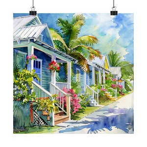 Florida Keys Streetscape Art, Key West Watercolor Print, Quaint Beach Cottage Painting, Island Art, Travel Poster, Hemingway, Buffet