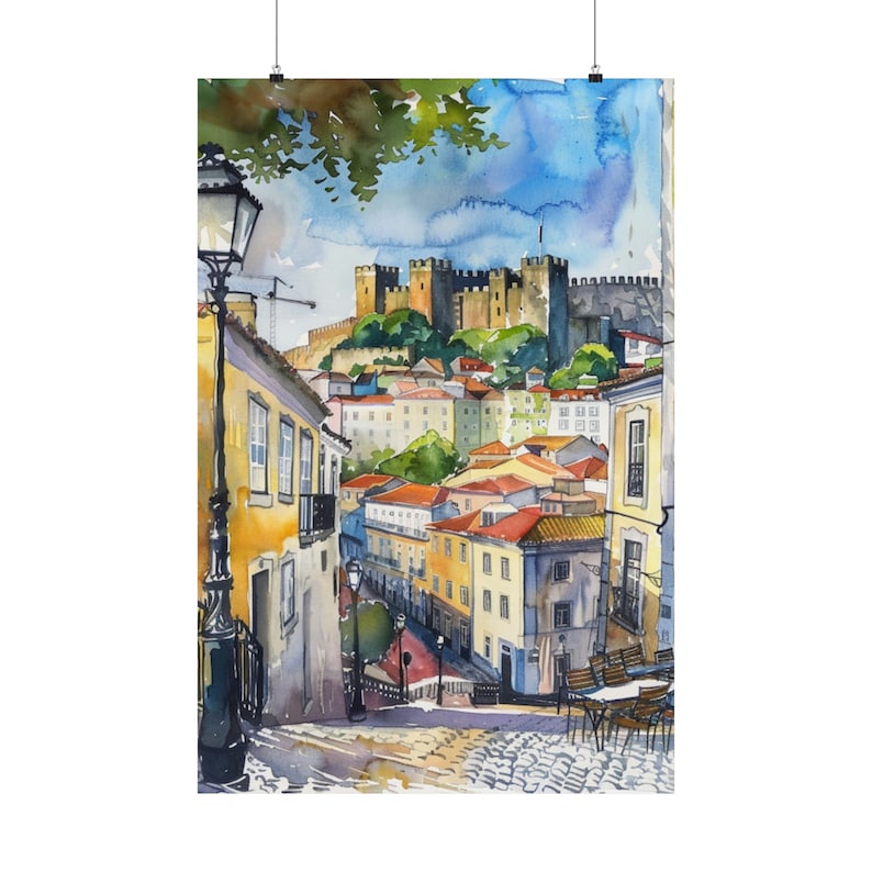 Portugal Painting Lisbon Streetscape Art Print, Portuguese Watercolor Print, Portugal Travel Art, Lisbon Castle, Europe Wall Decor image 6