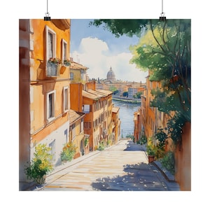 Rome Wall Art, Italian Watercolor Painting, Italy Travel Poster, European Decor, Europe Travel Gift, Tiber River, Streetscape Art Print