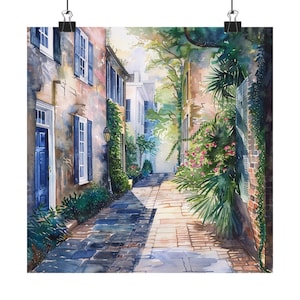 Charleston Philadelphia Alley Art Print, SC Watercolor Streetscape Painting, South Carolina Landscape Artwork, Colorful House Wall Art