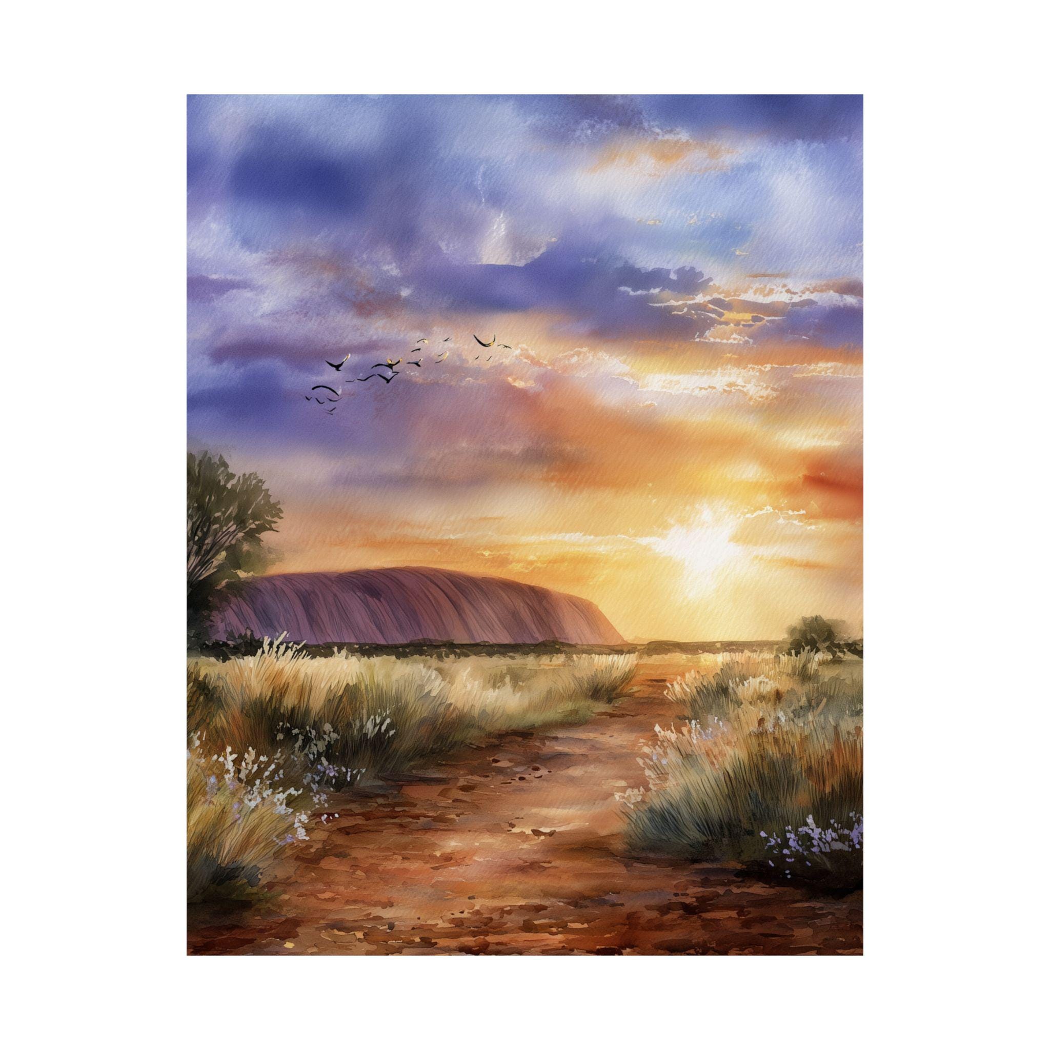 エアーズロック ウルル オーストラリア 水彩画：夕焼け風景アート