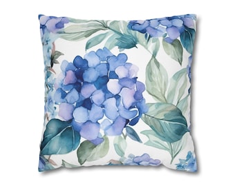 Örngott med hortensia, örngott med blå hortensia, hortensiadekor, prydnadskudde, inflyttningspresent, blomsterdekor, sommardekor
