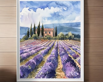 Provence Painting, Lavender Fields Art Print, France Travel Poster, French Countryside, Landscape Watercolor Wall Art, Europe Gift Download
