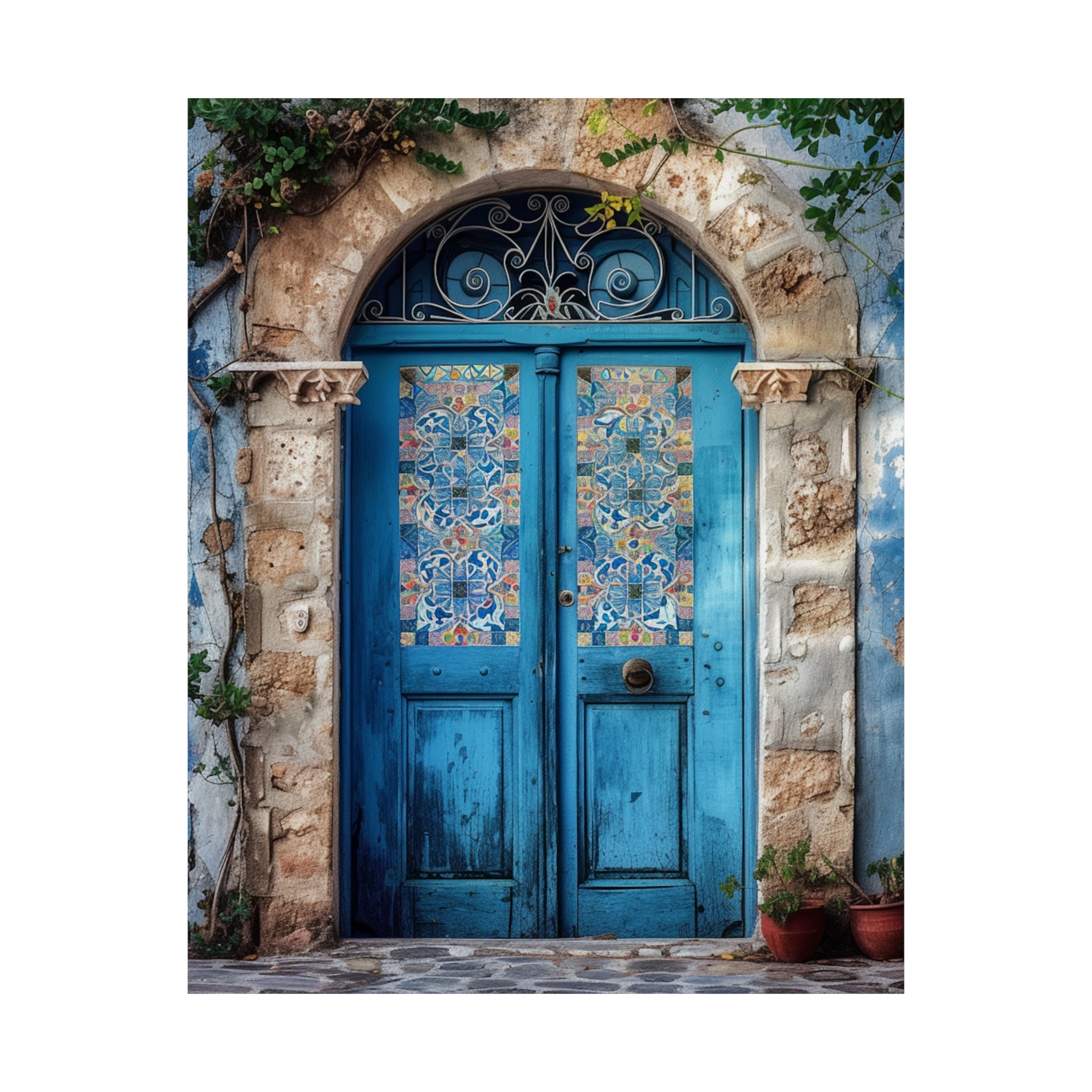 Rustic Mosaic Blue Door Print, Vintage European Door Art Print Rustic Mosaic Blue Door Print, Vintage European Door Art Print