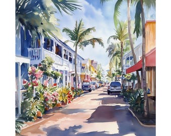 Acquerello di Lahaina, Maui, decorazione murale hawaiana, regalo di viaggio dagli Stati Uniti, stampa di paesaggio urbano hawaiano, arte con palme, poster di viaggio, regalo di viaggio