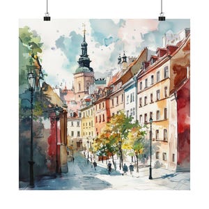 May include: A watercolor painting of a European city street with colorful buildings, a church steeple, and people walking on a cobblestone street.
