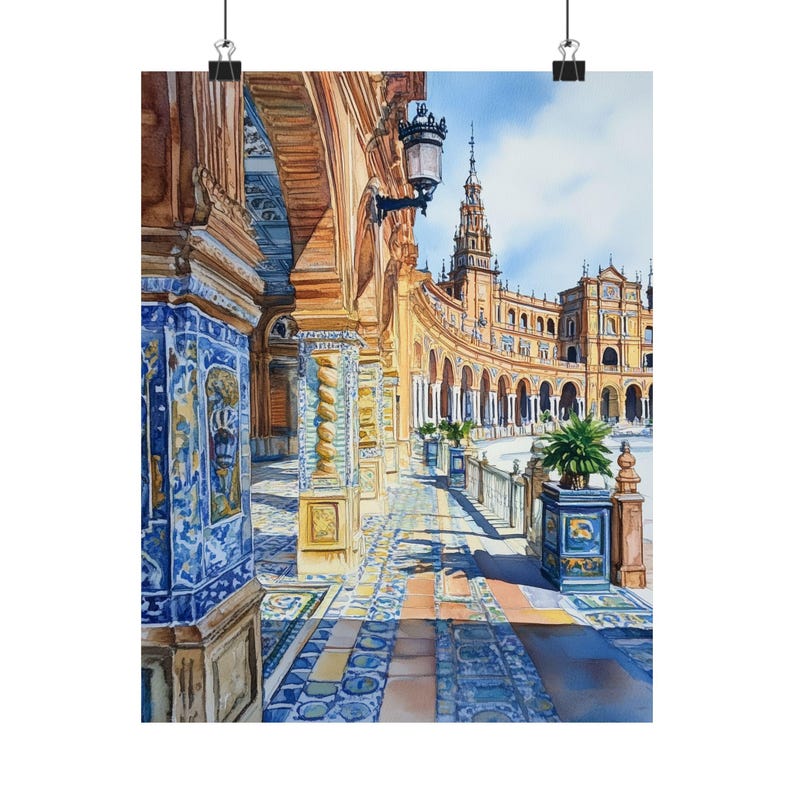Art de Séville, aquarelle de la Plaza de Espana, art mural Espagne, paysage urbain de Séville, art espagnol, décoration espagnole, cadeau affiche de voyage en Europe image 5