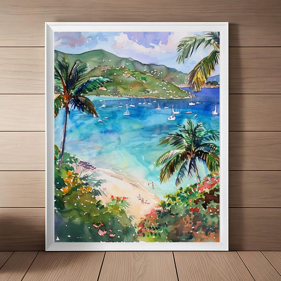 St John Art Print: Watercolor Palm Trees, Virgin Islands Seascape