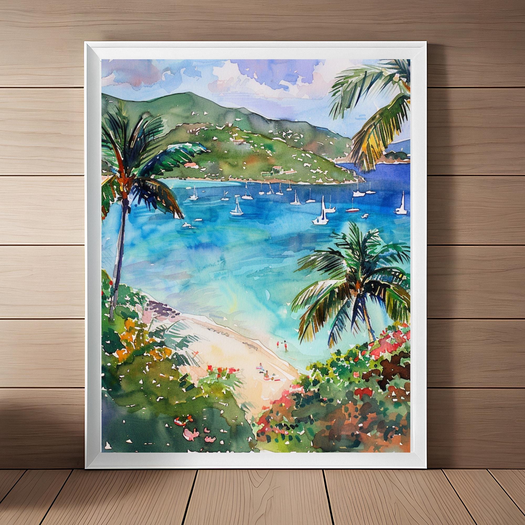 St John Art Print: Watercolor Palm Trees, Virgin Islands Seascape