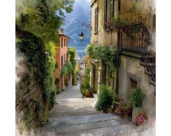 Impressão artística em aquarela do Lago Como: Pôster de viagem para Bellagio, Itália.