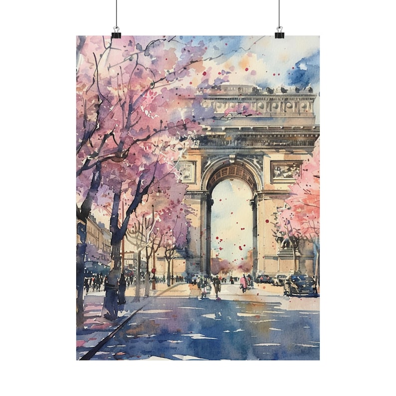 Paris Painting Arc de Triomphe Art Print, Spring Wall Art, French Cityscape Watercolor Print, France Travel Art