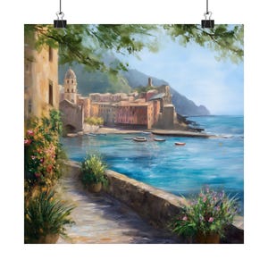Cinque Terre Print, Mediterranean Oil Painting, Italy Art Print, Italian Wall Art, Coastal Italian Riviera, Seascape Travel Poster Gift
