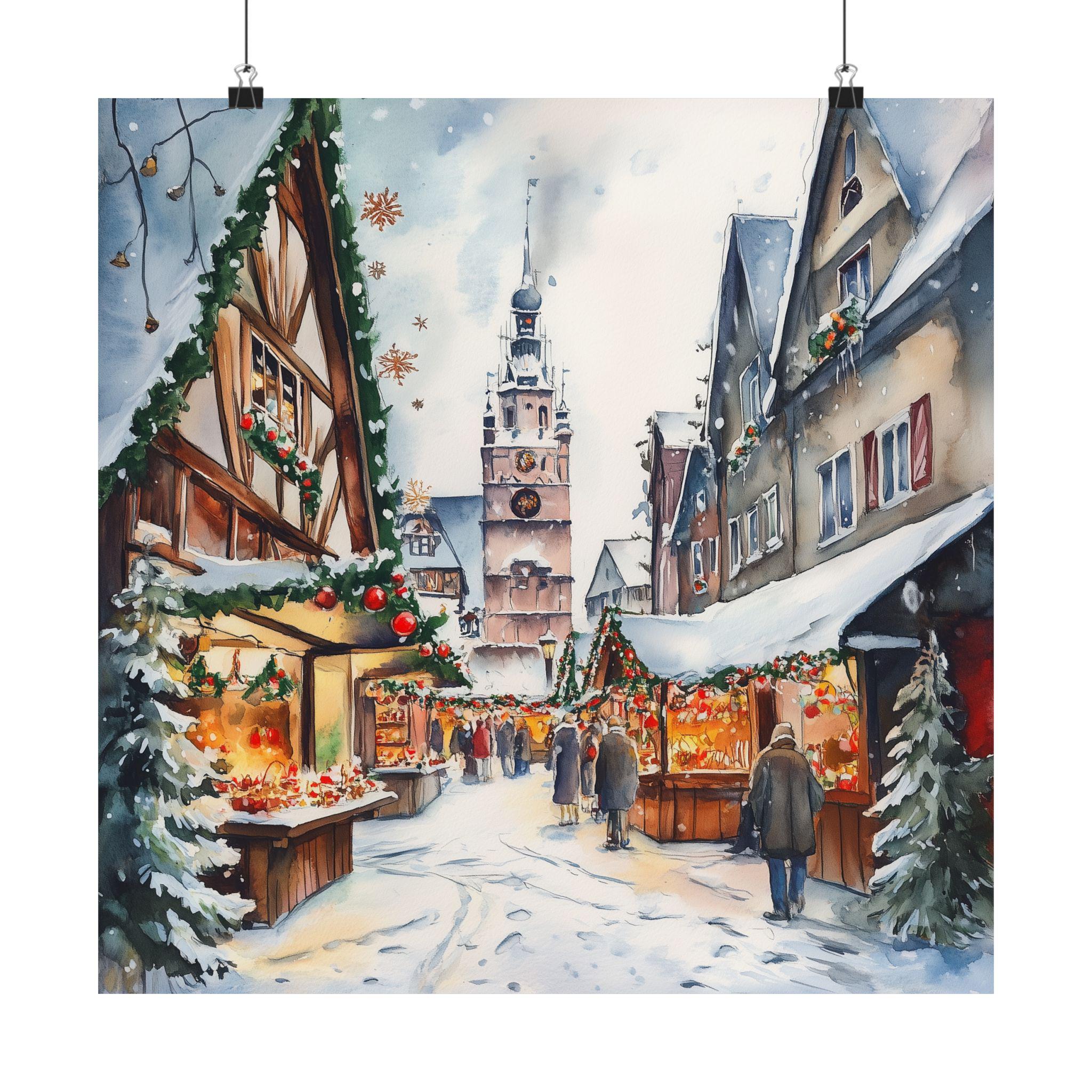ドイツのクリスマスマーケットのアート、ヨーロッパの水彩画、冬の