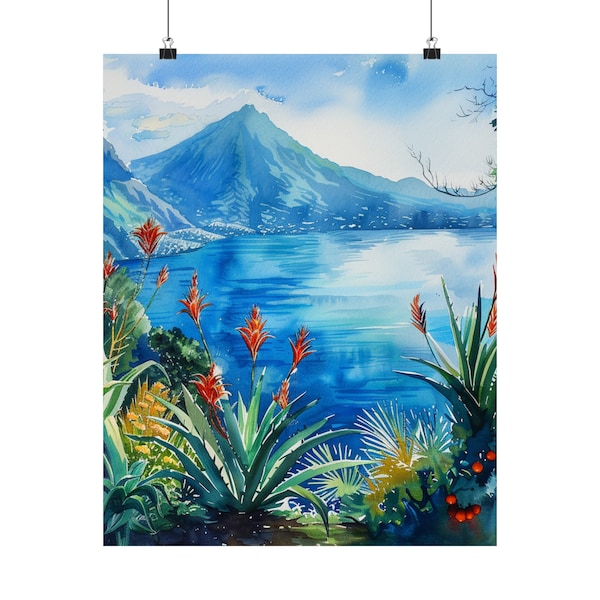 Lake Atitlan Painting, Guatemala Art Print, Travel Print, Central American Scenic Lake Wall Art Print, Guatemala Travel Gift, Watercolor Art