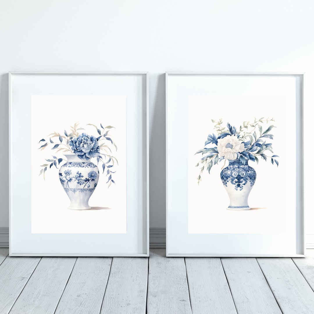 Chinoiserie Vase Set of 2 Art Prints, Blue White China Flowers Peony ...