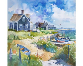 May include: Watercolor painting of a coastal scene with blue houses, a wooden pier, and two boats on the water. The sky is blue with white clouds. The houses are surrounded by green grass and trees.