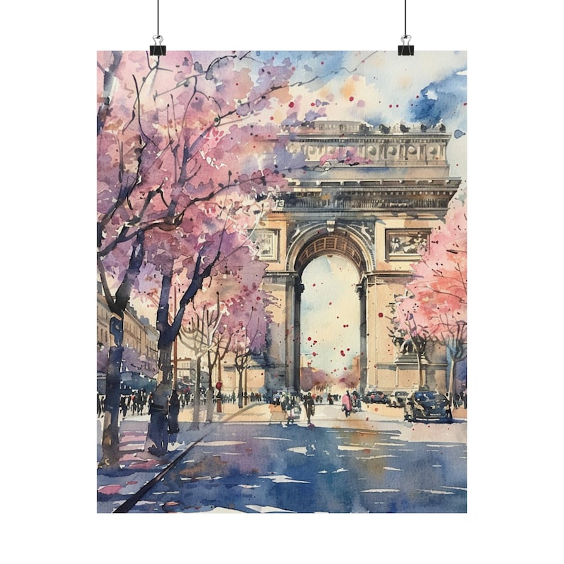 Paris Painting, Watercolor Arc de Triomphe Streetscape Wall Art Poster