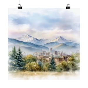 Denver Watercolor Painting, Colorado Art Print, Mountains, Landscape Art, Western USA Travel Poster, Colorado Travel Gift