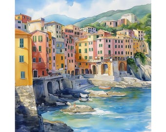 Boccadasse Genoa Italy Wall Art: Mediterranean Watercolor Painting, Coastal Italy Print, Travel Poster Gift