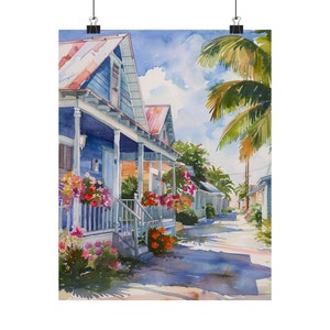 Floral Key West Streetscape Art Print, Florida Keys Watercolor Painting, Hemingway, Buffet, Beach Cottage Artwork, Travel Poster
