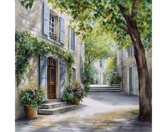 Lámina artística de Uzés, Francia: Acuarela de la Provenza, Póster de viaje ideal para regalar