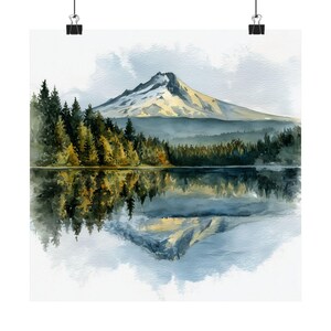 Oregon Watercolor Art Print: Trillium Lake Mountain Reflection Painting