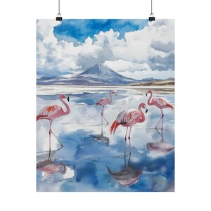 Bolivia Watercolor Painting: Pink Flamingos, Salar de Uyuni Art Poster image 7