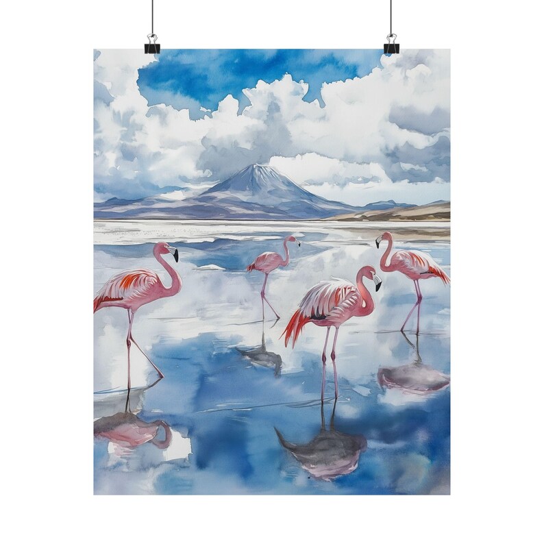 Bolivia Watercolor Painting: Pink Flamingos, Salar de Uyuni Art Poster image 7