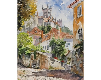 Historic Sintra Painting Portugal Art Print, European Watercolor Art, Colonial Wall Art Print, Portugal Travel Art