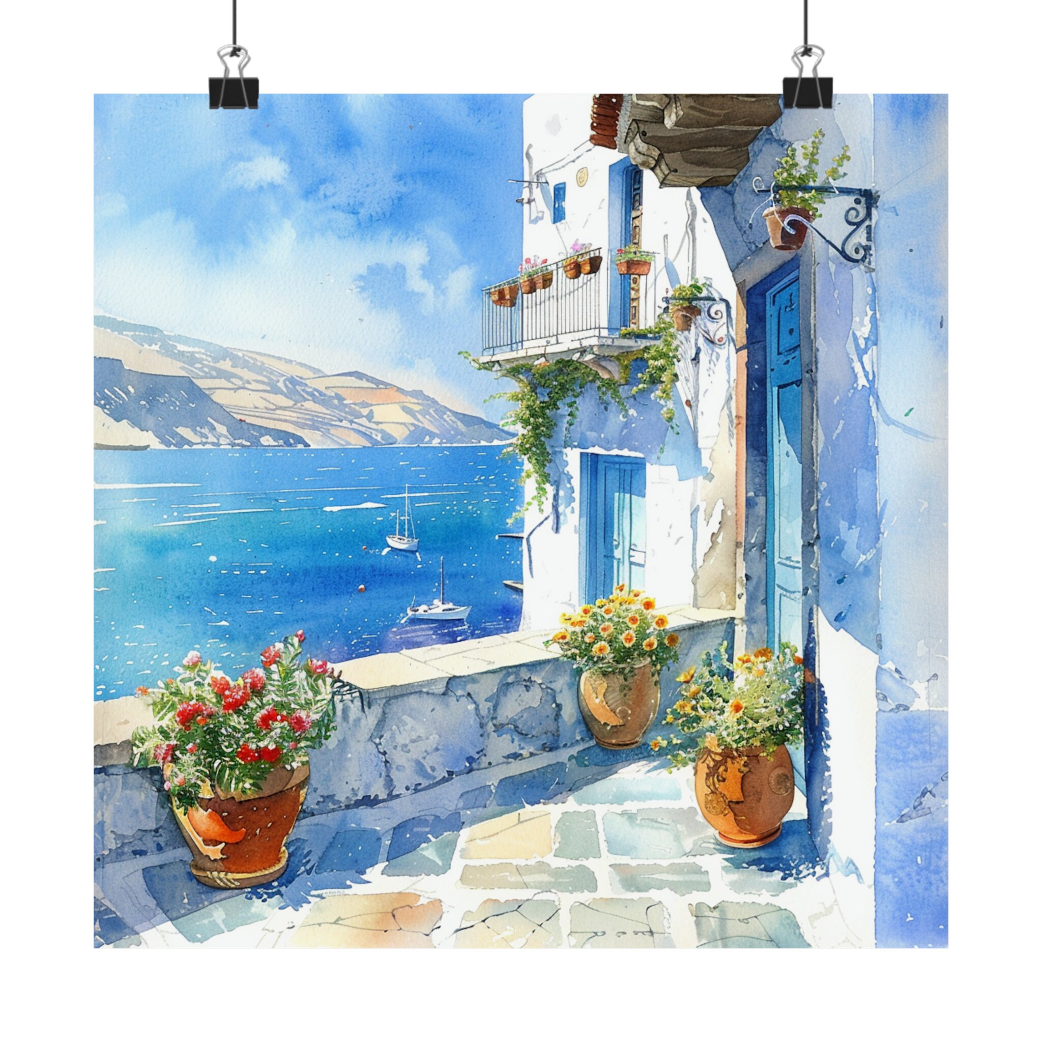 ギリシャ沿岸の海景画、ギリシャの壁画、エーゲ海の景色を望むギリシャ