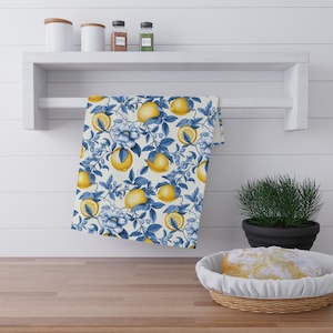 Italian Lemons Kitchen Towel, Lemon Tea Towel, Blue and Yellow Kitchen Cloth, Decorative Kitchen Towel, Lemon Kitchen Decor, Lemons Decor