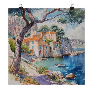 Peinture de Cassis France, art des calanques, impression aquarelle paysage marin côtier méditerranéen des falaises du sud de la France, affiche de voyage en Français