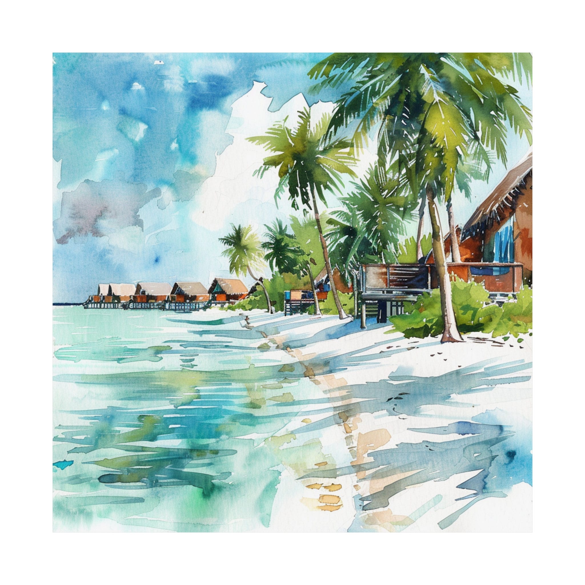 モルディブの絵画水彩画アートプリント、モルディブ諸島の壁アート