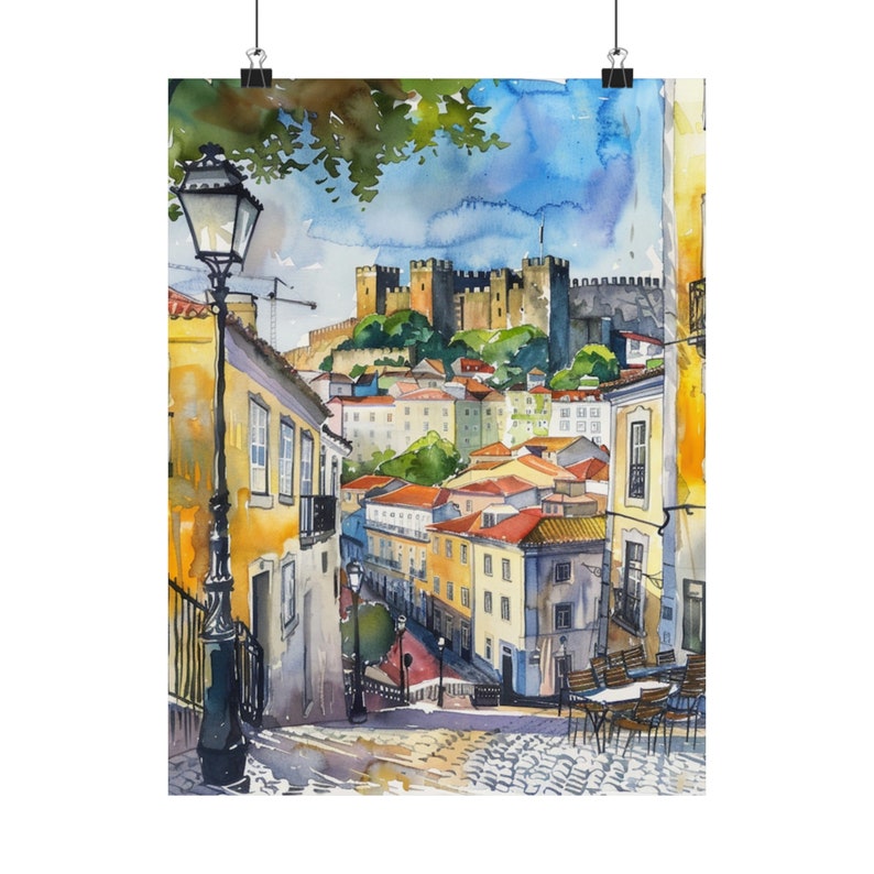 Portugal Painting Lisbon Streetscape Art Print, Portuguese Watercolor Print, Portugal Travel Art, Lisbon Castle, Europe Wall Decor