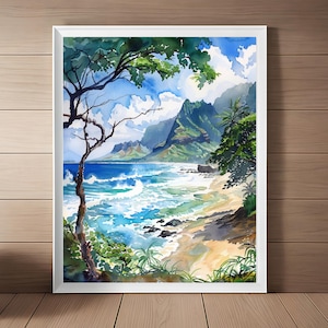Kauai Watercolor Painting, Hawaii Seascape Print, Island Wall Art, Coastal Artwork, Hawaiian Wall Decor, Travel Poster, Travel Gift Download