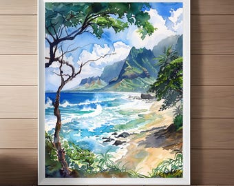 Kauai Watercolor Painting, Hawaii Seascape Print, Island Wall Art, Coastal Artwork, Hawaiian Wall Decor, Travel Poster, Travel Gift Download