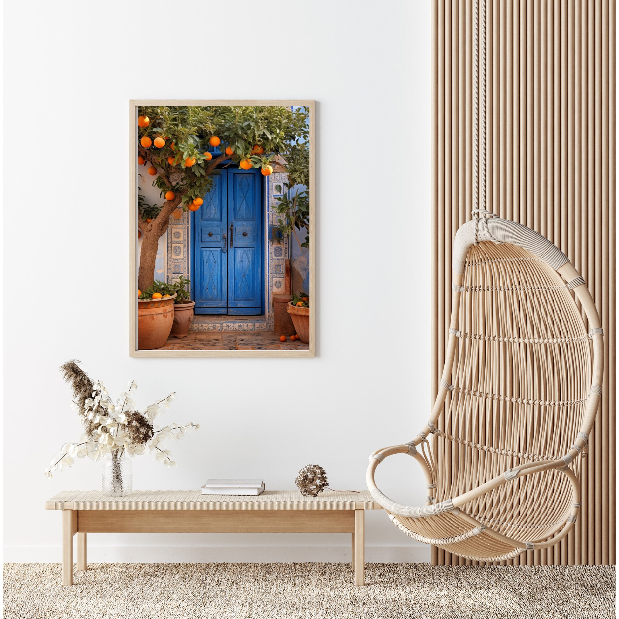 Mediterranean Orange Tree Wall Art, Rustic Blue Door Mosaic and Oranges ...