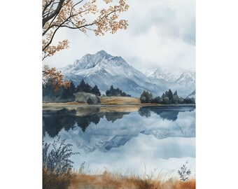 秋の山と湖の油彩画 ニュージーランドの水彩画：秋の山と湖の風景（旅行ポスター） - Etsy 日本