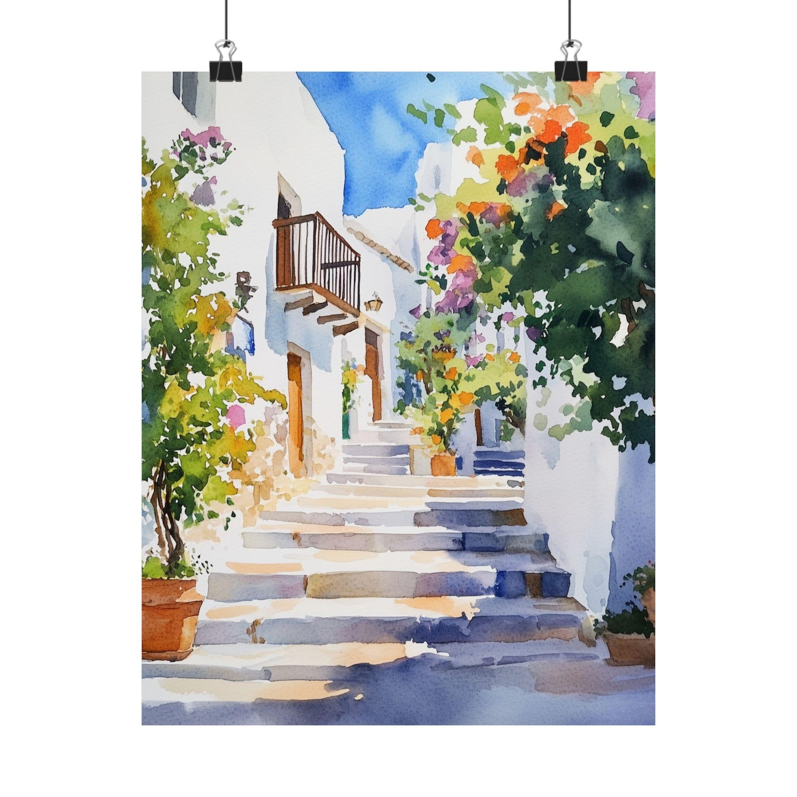 Ibiza Art Spain Watercolor Painting Quaint Streetscape Print ibiza-art-spain-watercolor-painting-quaint-streetscape-print