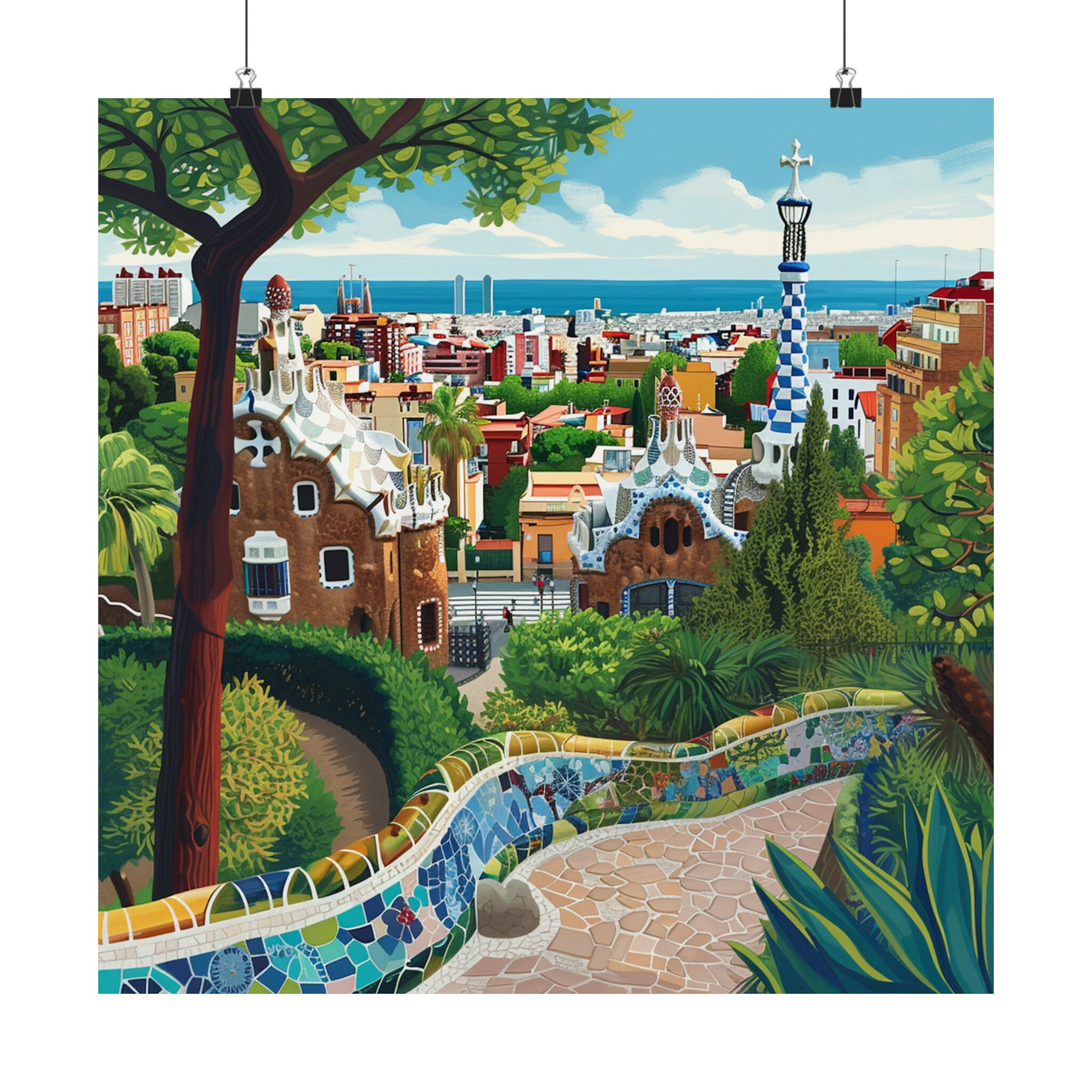 Barcelona Travel Print, Park Guell Art Travel Gift, Barcelona Poster ...