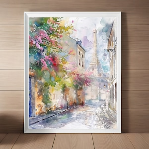 Eiffel Tower Painting, Paris Streetscape Watercolor Art Print, France Wall Art, French Travel Art, Parisian Street Scene, Printable Download