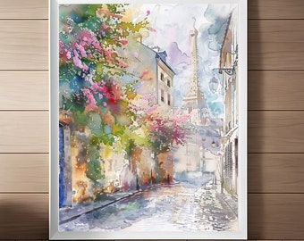 エッフェル塔の絵画、パリの街並みの水彩画、フランスの壁画、フランスの旅行アート、パリの街並み、印刷可能なダウンロード
