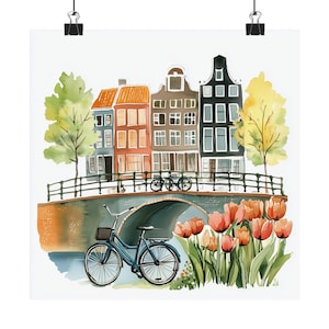 Amsterdam Netherlands Watercolor Art Print: Illustration Artwork, Bicycles and Tulips, Skyline Print, Travel Poster Gift