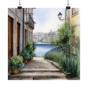 Porto Portugal Watercolor Art Print: Colonial Seascape Travel Poster