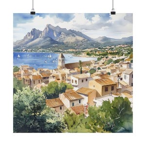 Mallorca Art, Island of Spain Art, Landscape Watercolor Painting, Balearic Islands Art, Mediterranean Art Travel Poster, Travel Gift