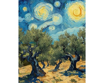 ヴァン・ゴッホのオリーブの木のアート、抽象的な青黄色の空、月と